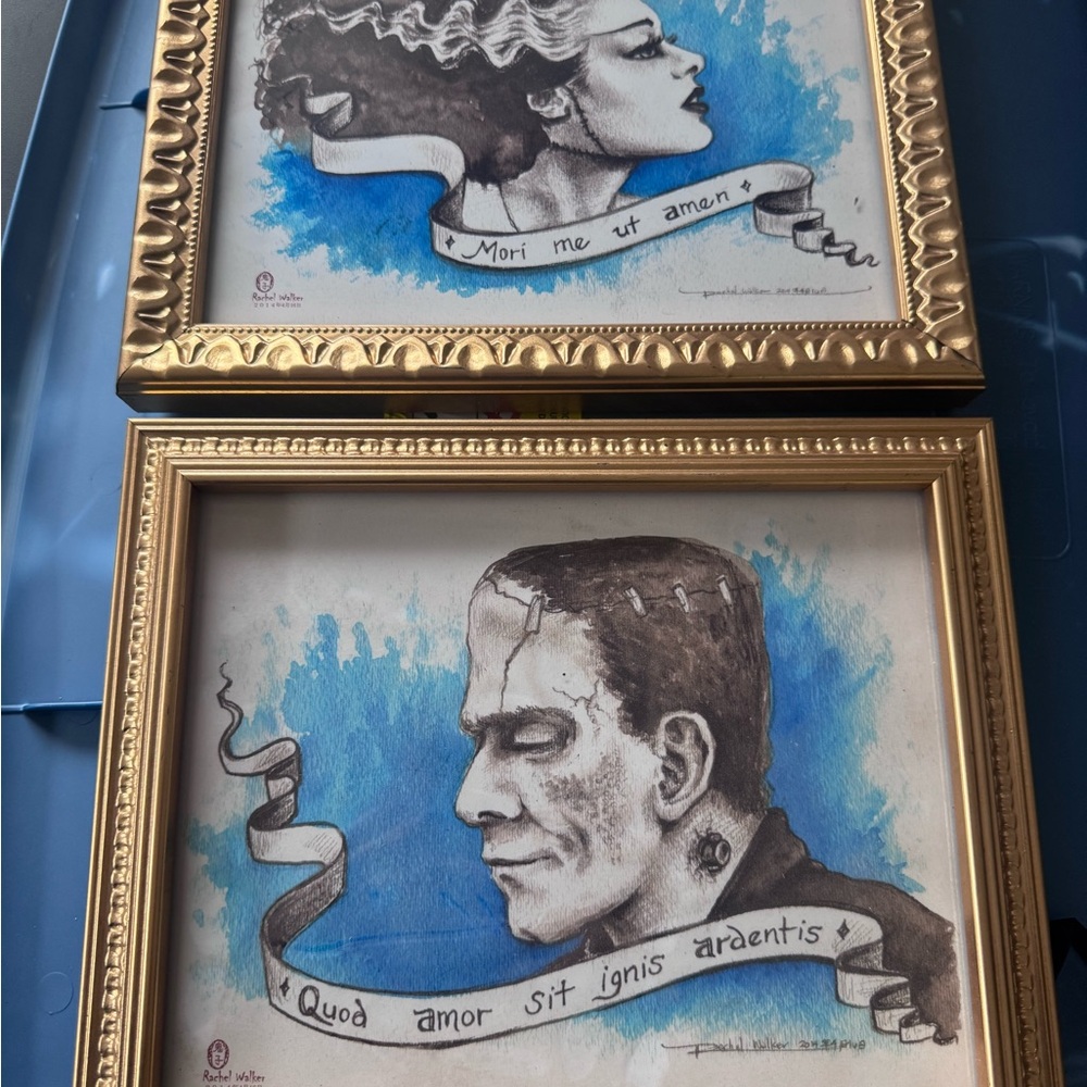 Framed Frankenstein and bride by rachel Walker. Price is for the pair.